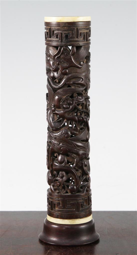 A Chinese bamboo and ivory mounted perfume holder, 19th century, 19.2cm, separate wood stand